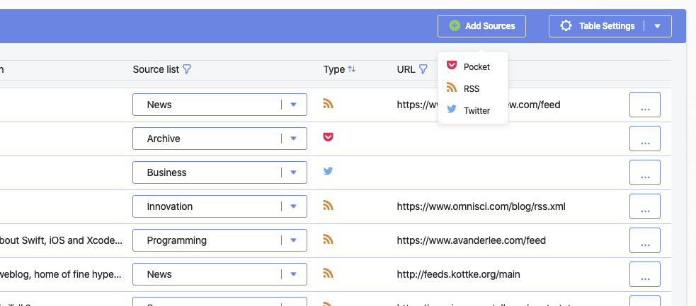 Support for RSS, Twitter and Pocket